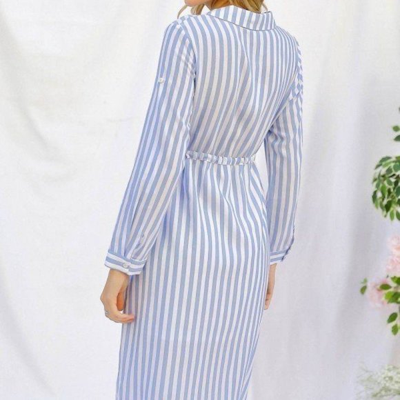 Women's Light Blue Stripe Print Cinched Waist Long Sleeve Shirt Midi Dress NWT - Picture 5 of 5